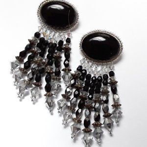 Vintage CHIPITA  Jet Black and Austrian Crystal  Beaded  Dangle Earrings